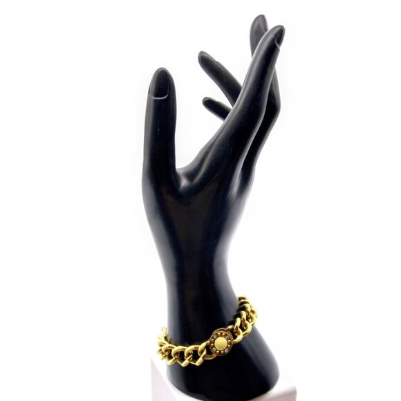 Chic Vintage Chain Link Bracelet, Gold Tone Chunky Curb Links with Beige Enamel - Picture 1 of 4